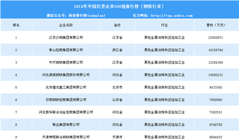 2018年中国民营企业500强排行榜（钢铁行业）