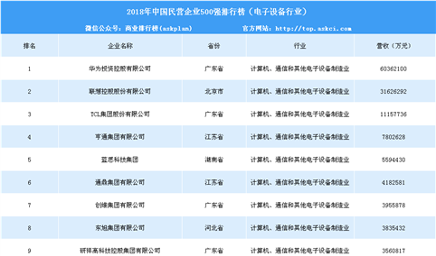 2018年中国民营企业500强排行榜（电子设备行业）