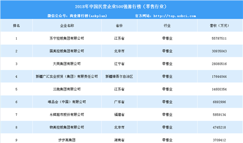 2018年中国民营企业500强排行榜（零售行业）