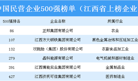 2018年中国民营企业500强排行榜（江西省上榜企业名单）