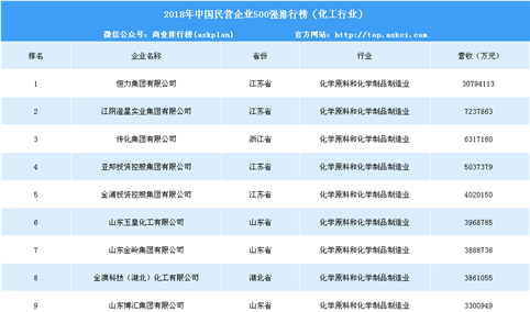 2018年中国民营企业500强排行榜（化工行业）