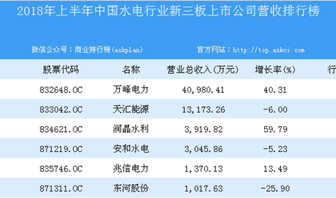 2018年上半年中国水电行业新三板上市公司营收排行榜