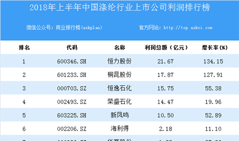 2018上半年中国涤纶行业上市公司利润排行榜