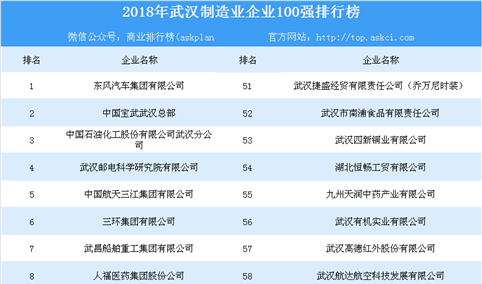 2018年武汉制造业企业100强排行榜