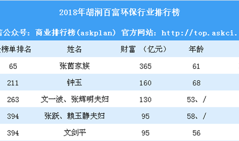 2018年胡润百富环保行业排行榜（附全榜单）