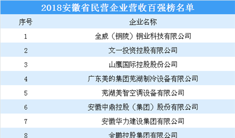 2018年安徽省民营企业营收百强榜名单出炉（附完整榜单）