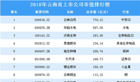 2018年云南省上市公司市值排行榜