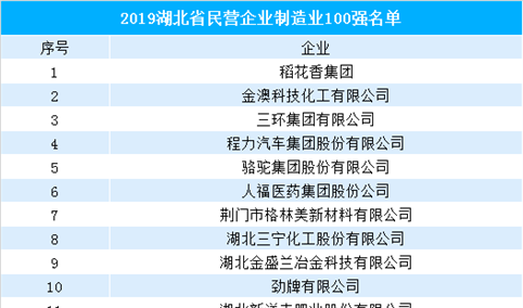 2019年湖北省民营企业制造业100强排行榜