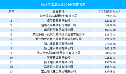 2019年武汉民营企业100强榜单出炉：16家企业收入突破100亿（附榜单）