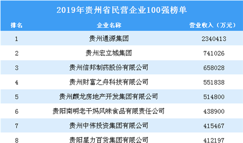 2019年贵州省民营企业100强排行榜
