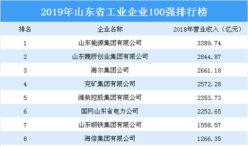 2019年山东省工业企业100强排行榜