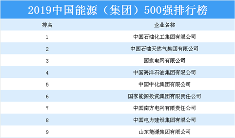 2019中国能源（集团）500强排行榜