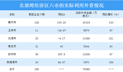 2019年广西北部湾经济区六市的实际利用外资情况（表）