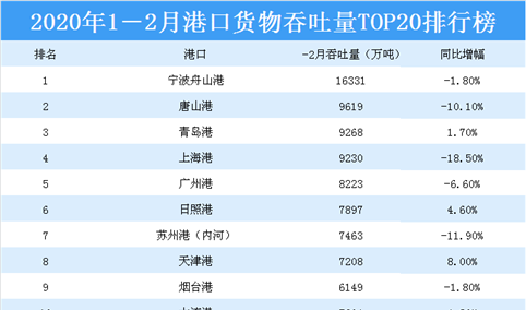 2020年1-2月港口货物吞吐量TOP20排行榜