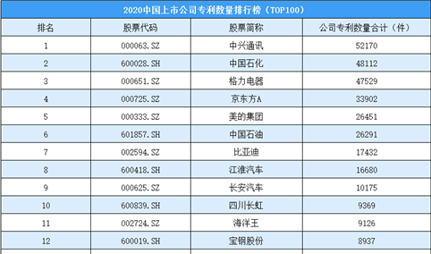 2020年中国上市公司研发专利数量排行榜（TOP100）