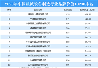 2020年中国机械设备行业品牌价值TOP30排行榜