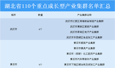 招商引资必看！湖北省110个重点成长型产业集群汇总一览（表）