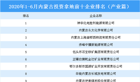 产业地产投资情报：2020上半年内蒙古投资拿地前十企业排行榜（产业篇）