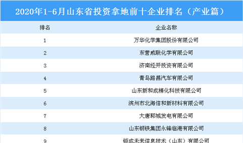 产业地产投资情报：2020上半年山东省投资拿地前十企业排行榜（产业篇）