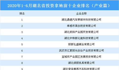 产业地产投资情报：2020上半年湖北省投资拿地前十企业排行榜（产业篇）