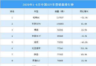 2020年上半年中国SUV车型销量排行榜