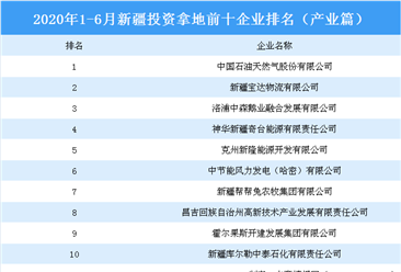 产业地产投资情报：2020年1-6月新疆投资拿地前十企业排行榜（产业篇）