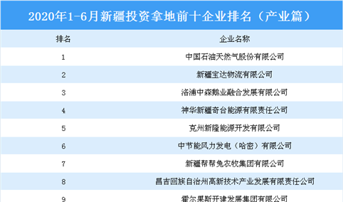 产业地产投资情报：2020年1-6月新疆投资拿地前十企业排行榜（产业篇）