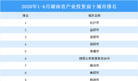2020上半年湖南省产业投资前十城市排名（产业篇）