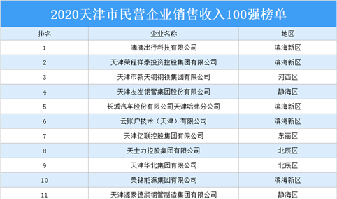 2020天津市民营企业销售收入百强排行榜