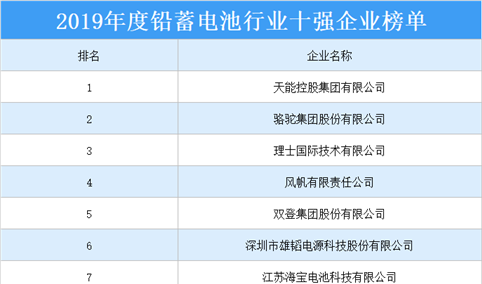 2019年度铅蓄电池行业十强企业排行榜