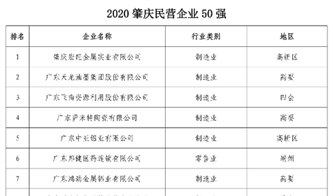 2020肇庆民营企业50强排行榜