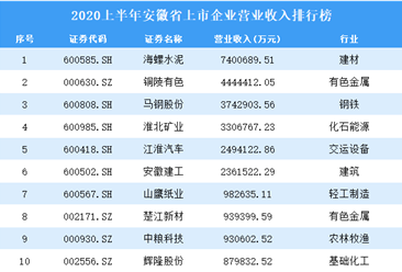2020上半年安徽省上市企業100強排行榜