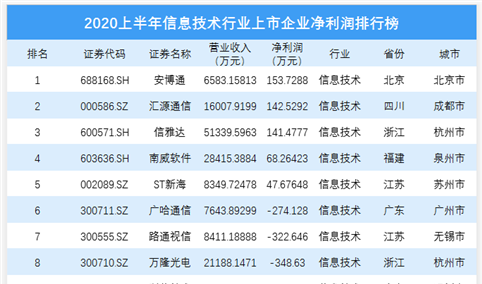 2020上半年信息技术行业上市企业净利润排行榜 TOP100