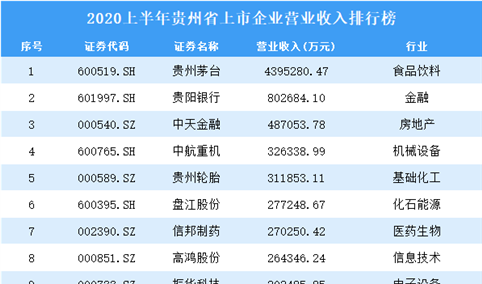 2020上半年贵州省上市企业30强排行榜