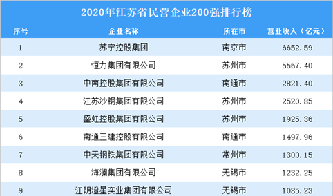 2020年江苏省民营企业200强排行榜