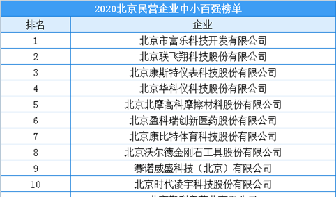 2020年北京市民营企业中小百强排行榜