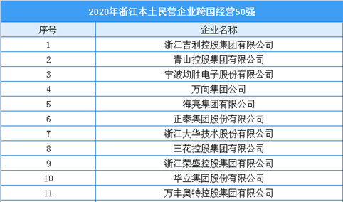 2020年浙江本土民营企业跨国经营50强排行榜