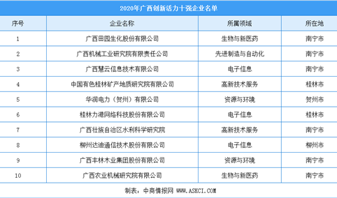 2020年广西高新技术企业创新活力10强排行榜