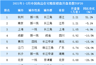 2021年1-2月中国商品住宅精装楼盘开盘数TOP20