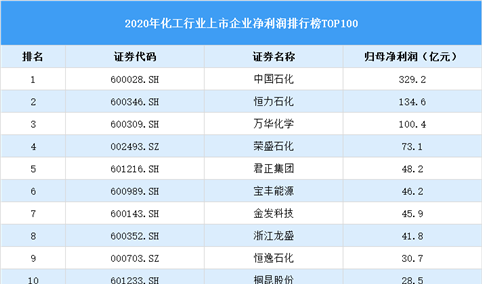 2020年中国化工行业上市公司净利润排行榜TOP100