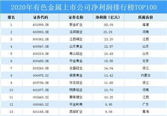 2020年中国有色金属行业上市公司净利润排行榜TOP100