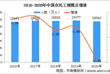 2020年全国农民工大数据统计：总量减少517万人 月均收入增长2.8%（图）