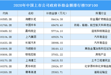 2020年中国上市公司政府补助金额排行榜TOP100（附榜单）