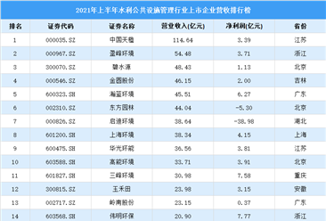 2021年上半年中国水利公共设施管理行业上市公司营业收入排行榜（附全榜单）