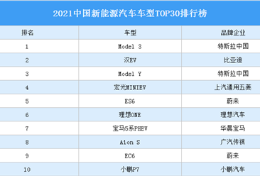 2021中国新能源汽车车型TOP30排行榜（附榜单）