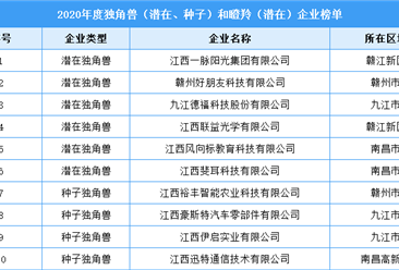 2020年度江西省獨角獸和瞪羚企業榜單（附全榜單）