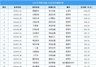 2021年云南省上市企业市值排行榜（附榜单）