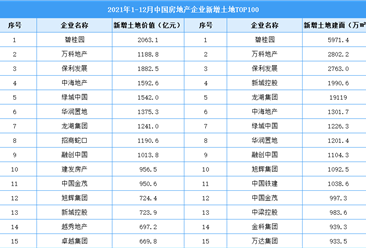 2021年1-12月中国房地产企业新增土地TOP100