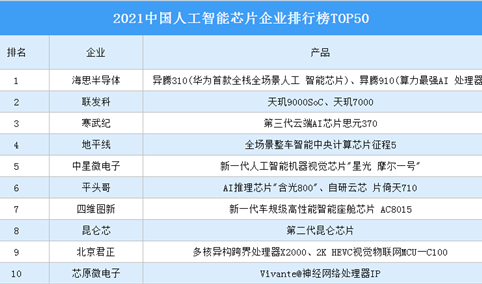 2021中国人工智能芯片企业排行榜TOP50