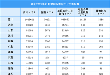 2021年1-11月中国各省市医疗服务机构统计：河北省数量最多（图）